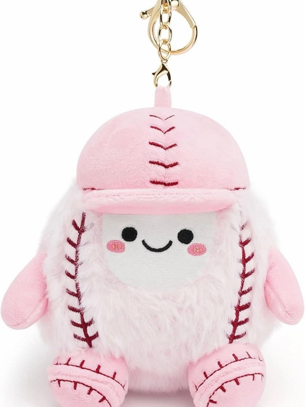 Pink Plush Baseball Keychain Backpack Charm w/Silver Bracelet